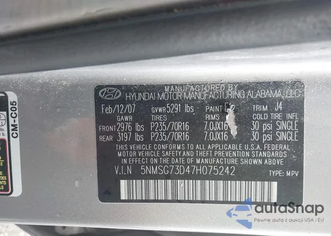 2007 Hyundai Santa Fe Gls from USA, damaged, VIN 5NMSG73D47H075242